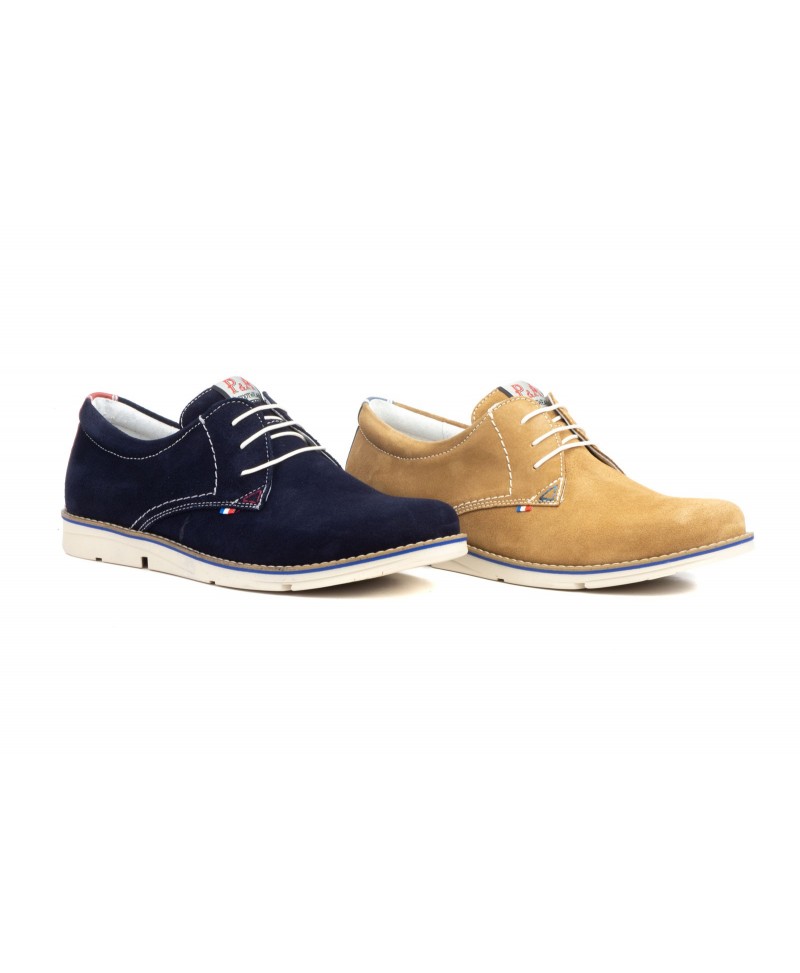 Zapatos Blucher Hombre Piel Serraje Taupe Marino