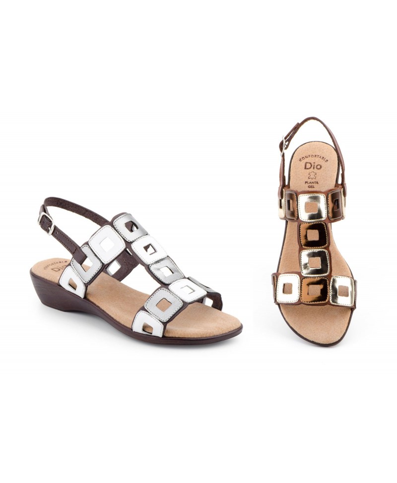 Sandalias Mujer Piel Blanco Bronce Cuña Baja