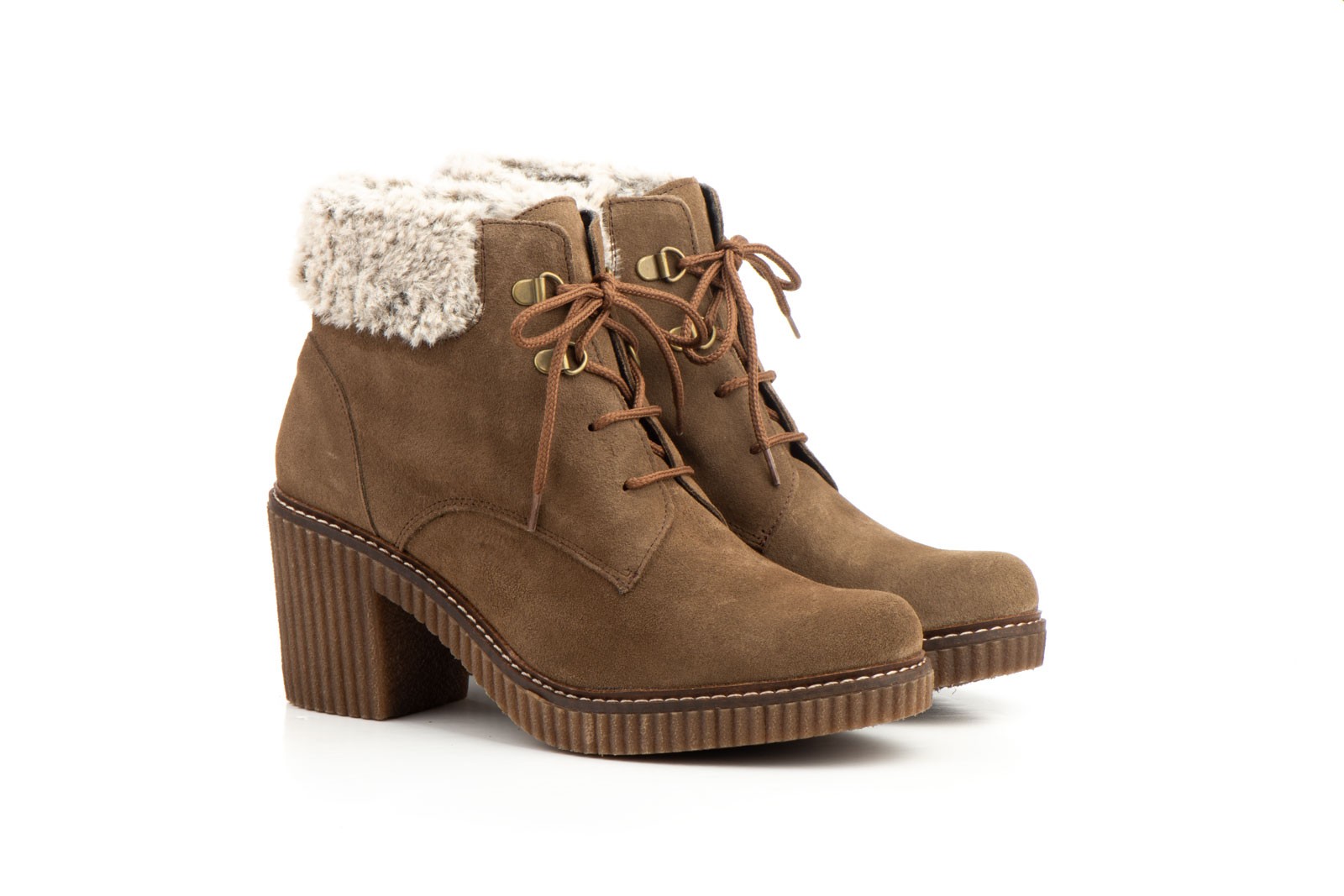 Botines Mujer Piel Serraje Cuero Borreguillo Cordones Tacón