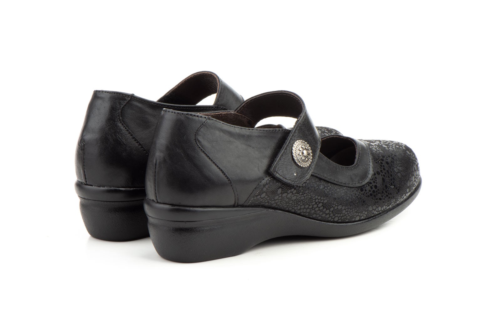 Zapatos Mujer Ancho Especial Licra Piel Negro Velcro