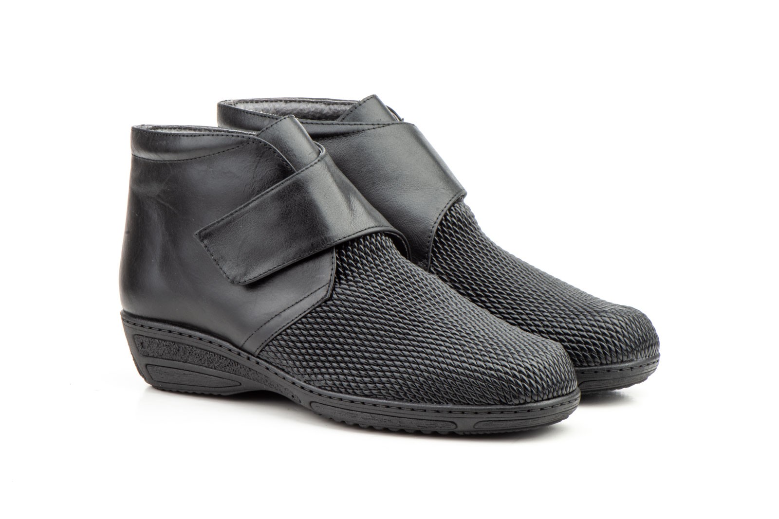 Botines Mujer Piel Negro Pala Licra Cuña Velcro