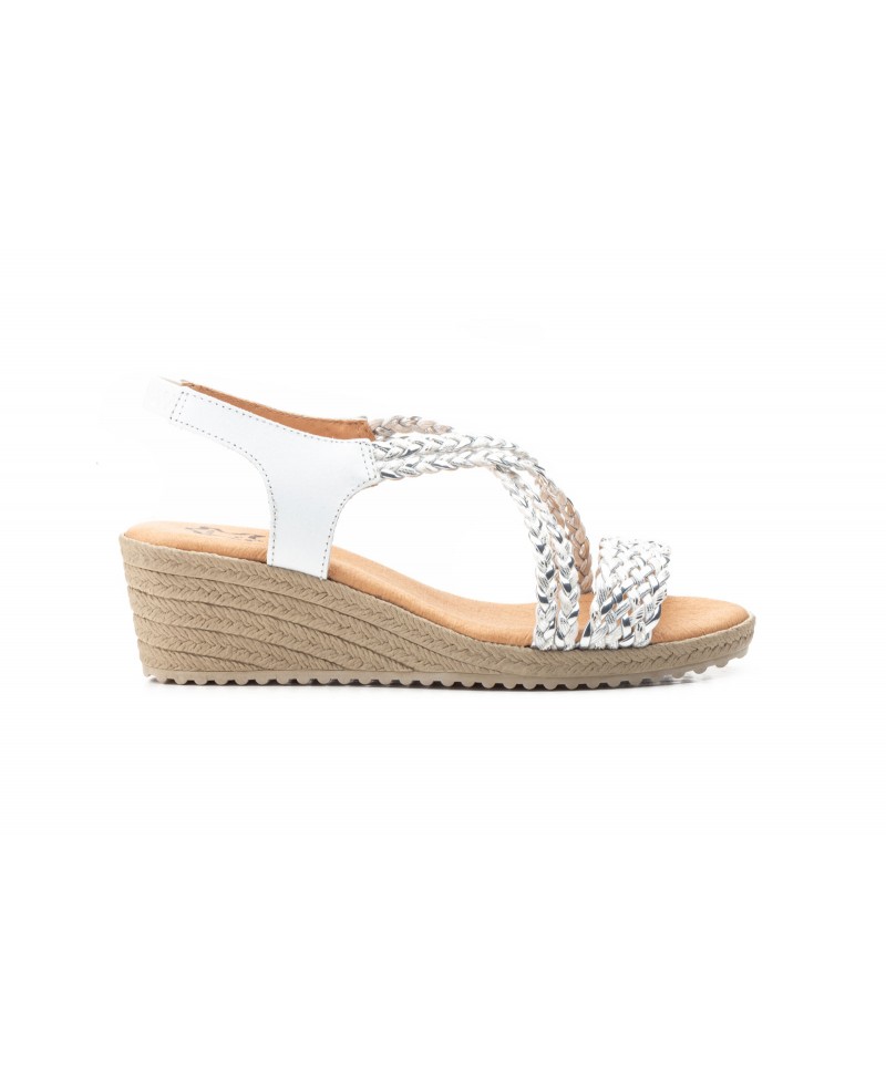 Sandalias Mujer Trenzado Blanco Plata Gel Cuña