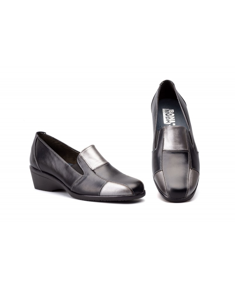 Zapatos cómodos mujer en piel negra y plata con cuña