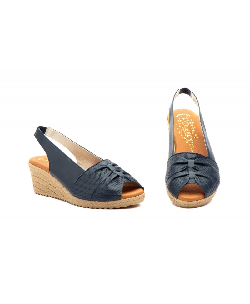 Sandalias Mujer Piel Marino Cuña Elástico 3824